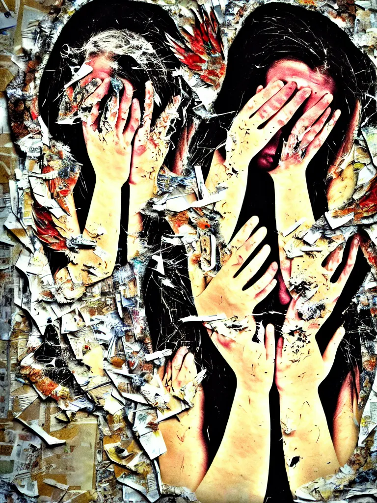 Image similar to a young adult angelgirl soft crying with lots of hands on her face and ratty feathered angel wings, stressed and burnt out, collage effect, collaged, torn paper, torn paper collage, overexposure, overexposed, high exposure