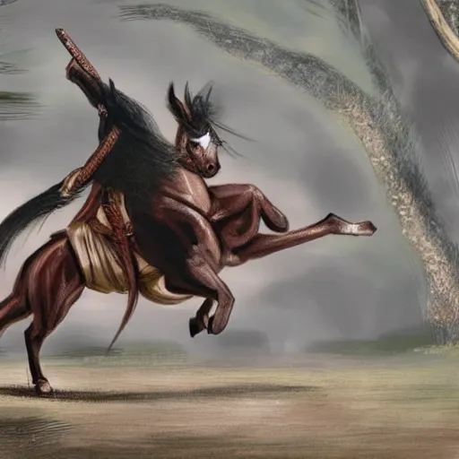 Image similar to A wuxia centaur practicing martial arts.