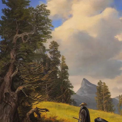 Image similar to a man in a grey cloak and brimmed hat with a staff travelling trough the mountains with trees, very detailed, colorful, oil painting, clouds, old man, alone, ravens