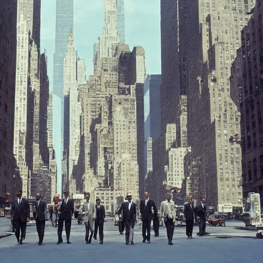 Image similar to a group of men walking down a street next to tall buildings in new york, ultra detailed hyper realistic lifelike, photographed on colour film, 1 9 6 0 s, photo taken with ektachrome, featured on flickr, film grain