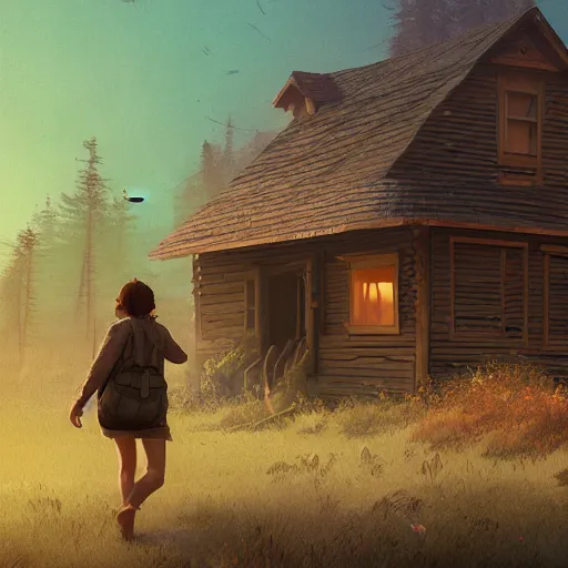 Image similar to woman leaving her wooden broken house by simon stålenhag, very highly detailed, award winning, rendered by Beeple, by Makoto Shinkai, syd meade, starwars, space art concept, digital art, unreal engine, blender, WLOP, trending on artstation, 4K UHD image, octane render