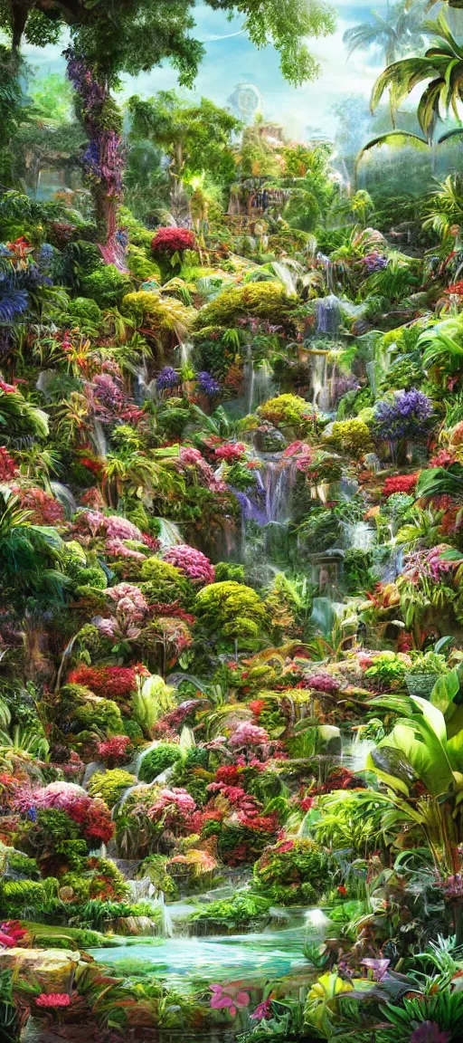 Prompt: cascading concept art of an exotic garden with flowers and big trees, detailed, highly detailed, aesthetic, realistic, hyper realism, colorful, in depth, intricate,