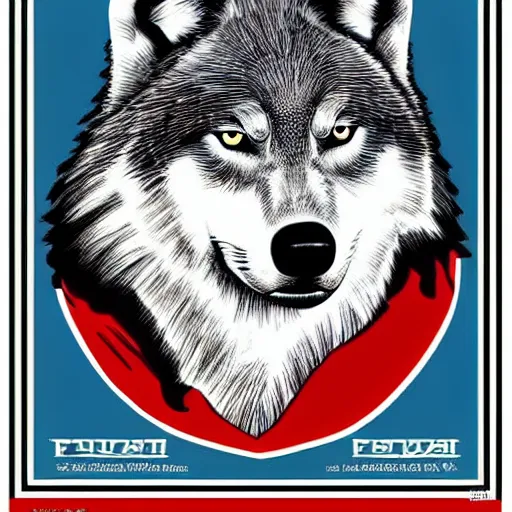 Prompt: wolf portrait, soviet propaganda poster style, populism, propaganda, lies, squint eyes