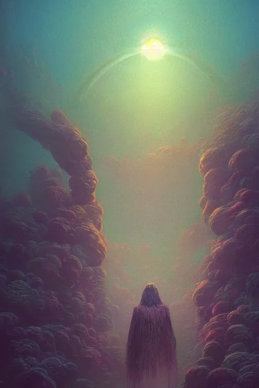 Image similar to 🌸🌈🍄::3, dreamlike, psychedelic, otherworldly, weird, cyberpunk, vaporware, interesting details, volumetric lighting, dramatic, fantasy, by Moebius, by zdzisław beksiński, Fantasy LUT, epic composition, 8k,