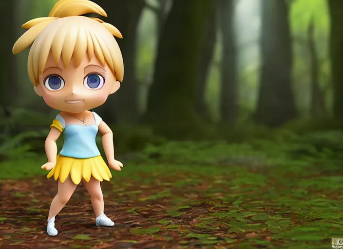 Prompt: blond prima ballerina as nendoroid walking in a forest in the croods movie style, anime, disney, pixar, 8 k, hd, dof, kodak film, volumetric lighting, subsurface scattering, photorealistic, octane render, details