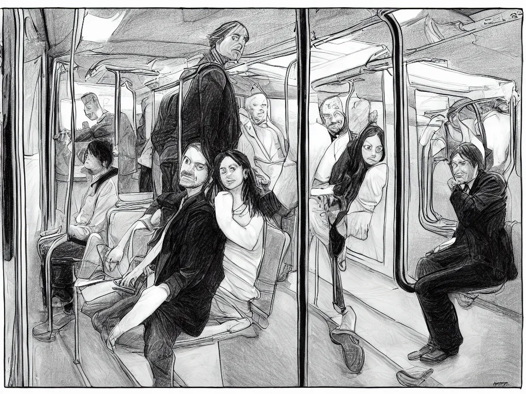Prompt: a pencil drawing by Geoff Darrow, 3/4 low angle view wide shot of two people sitting in an empty Chicago subway train, in front of windows: a sad Aubrey Plaza in a parka and a friendly Mads Mikkelsen in a suit