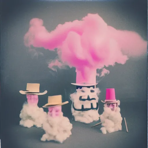 Image similar to polaroid of figures made from cotton candy, smoke and sticks, wearing top hats and huge masks