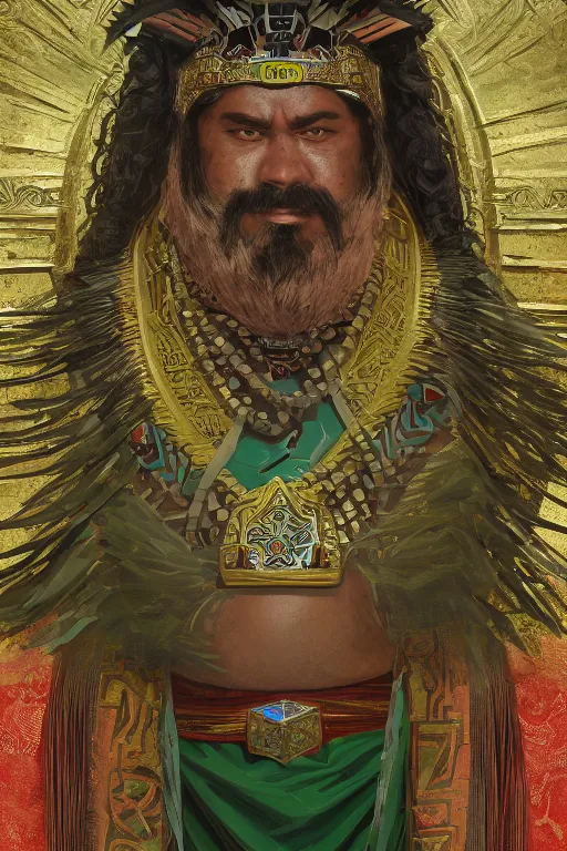 Prompt: fullbody portrait of a beautiful aztec fat strong man, snake cape, squared beard, rich cerimonial mantle, d & d character, aztec decorated throne background, by greg rutkowski and alphonse mucha, d & d character, gradient green to gold, highly detailed portrait, digital painting, concept art, smooth, sharp focus illustration, artstation hq