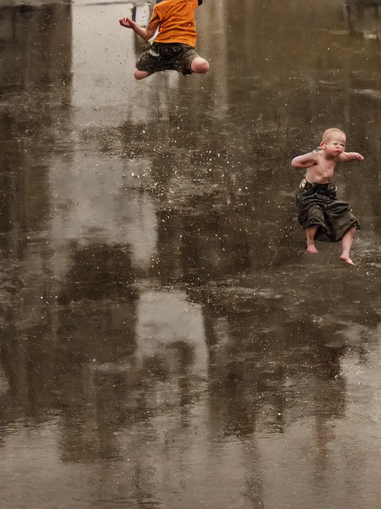 Prompt: jumping in puddles, by disney concept artists, blunt borders, rule of thirds, beautiful light