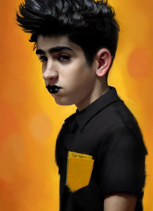 Image similar to portrait of a latino teen boy with a crooked nose and a confident expression, 1 9 6 0 s, black clothes, goth, punk, brightly coloured hair, funk, intricate, elegant, highly detailed, digital painting, artstation, concept art, smooth, sharp focus, illustration, art by wlop, mars ravelo and greg rutkowski
