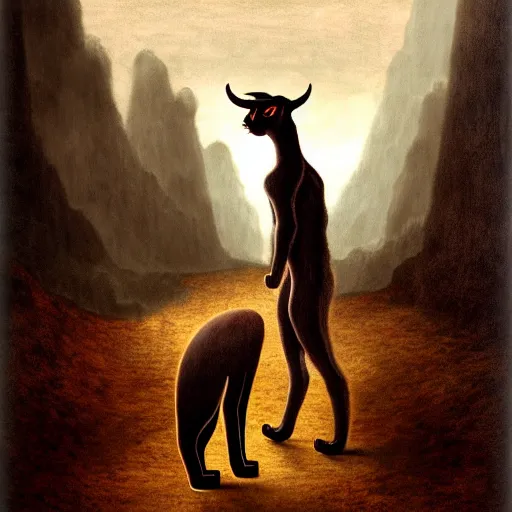 Prompt: a standing cat that has goat horns, anthropomorphic cat wearing dark robes, matte oil painting, by leonardo da vinci, eldritch, magical, fog, noble, full body portrait, extremely detailed, cult, ritual, 4 k, 8 k