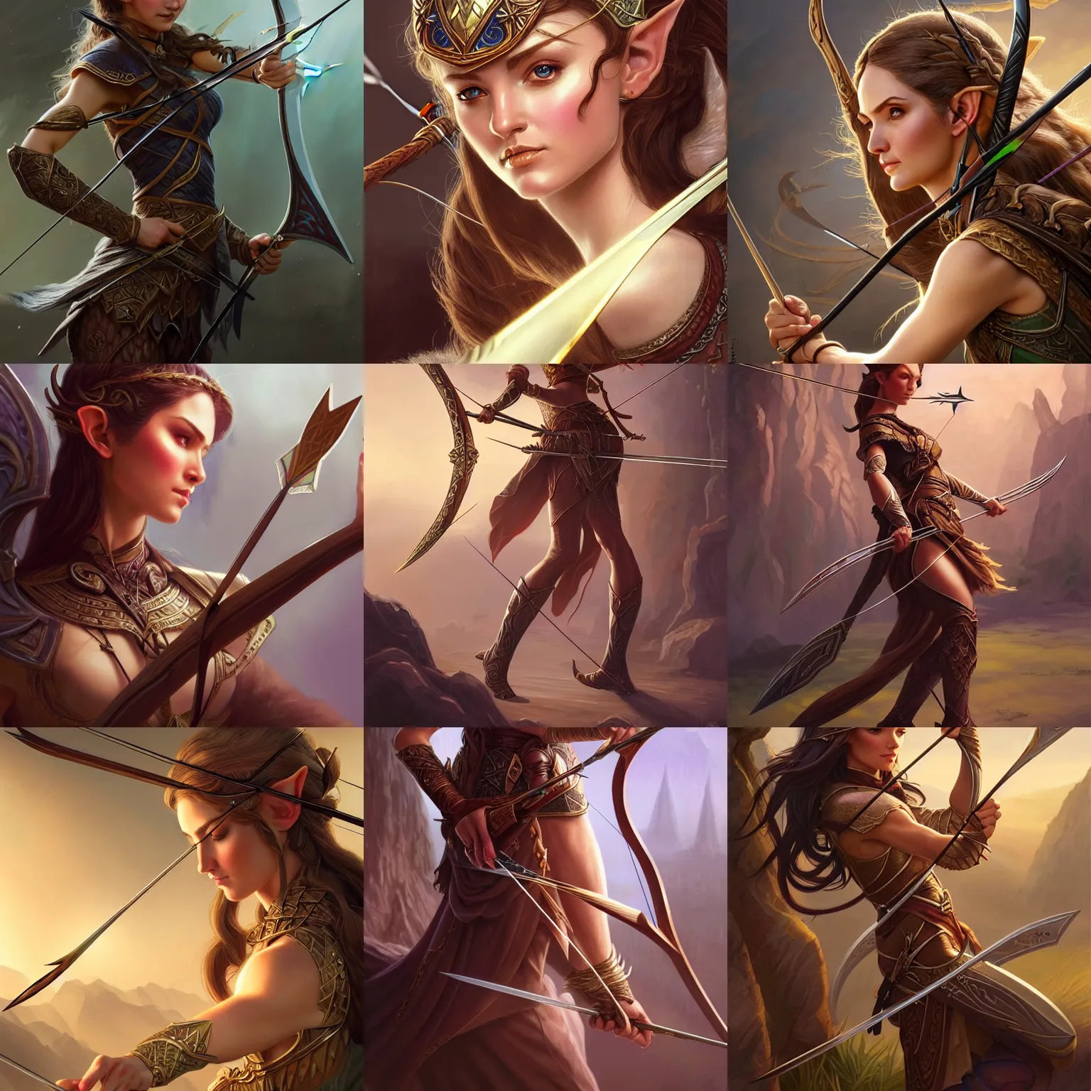 Prompt: elven archer holding a bow and arrow, closeup, d & d, fantasy, intricate, elegant, highly detailed, digital painting, artstation, concept art, matte, sharp focus, illustration, hearthstone, art by artgerm and greg rutkowski and alphonse mucha