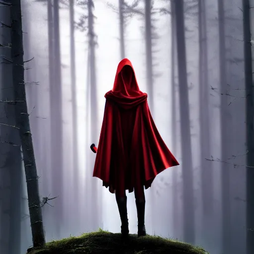 Prompt: cinematic, fierce red riding hood warrior standing in a dark forest holding a sword in the air, dark, 4k, artstation, highly rendered, octane render, beautiful, inspired by Peter Morhbacher, high resolution