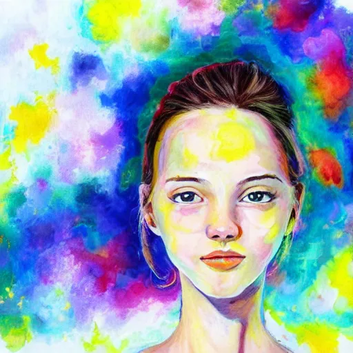 Image similar to painting, girl with beautiful face in white shirt, vast spaces, cosmic background