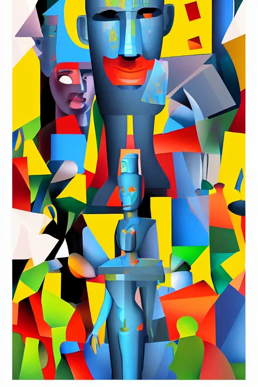 Image similar to cubist moai statue cutout digital illustration cartoon colorful beeple