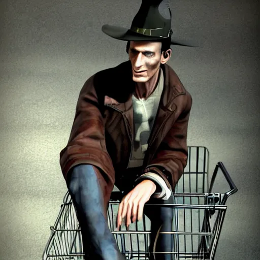 Image similar to nick valentine is sitting in a shopping cart, realism, proportions, 1 6 f, stylization for fallout 4