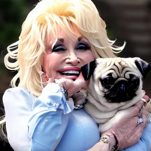 Prompt: dolly parton holding a cute pug way over her head, smile on her face