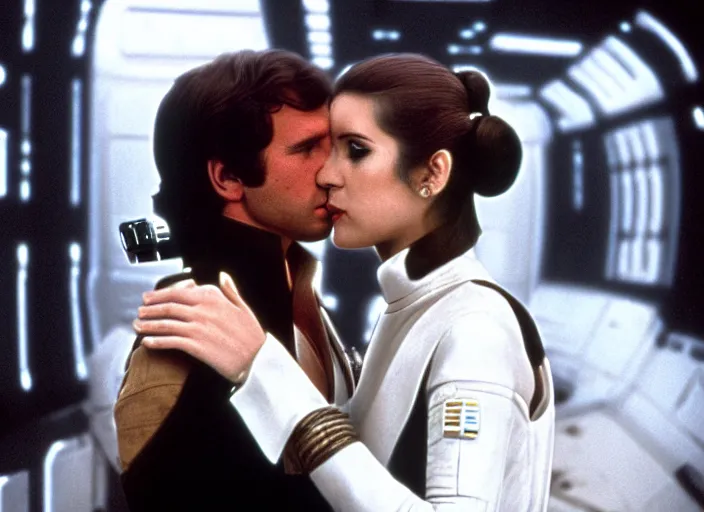 Prompt: screenshot of Han Solo dressed up as an imperial officer kissing Princess Leia Organa, iconic scene from 1970s Star Wars film directed by Stanley Kubrick, in a sci fi shipping port, last jedi, 4k HD, cinematic still frame, photoreal, beautiful portraits, moody lighting, stunning cinematography, lens flare, anamorphic lenses, kodak color film stock