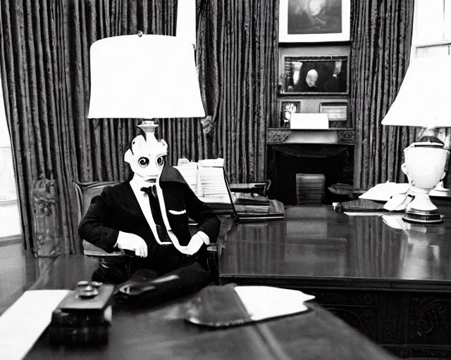 Prompt: a b-move alien lizard man wearing a suit, in the oval office, 1951, early black and white photo, cdx