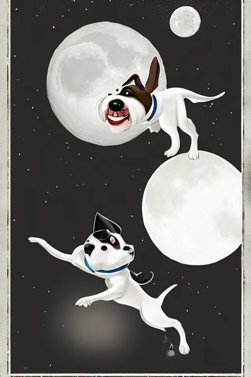 Image similar to cute jack black and white russel terrier jumping over a smiling moon, large round eyes, concept art, game art, character sheet, character design, by cory loftis and bill schwab