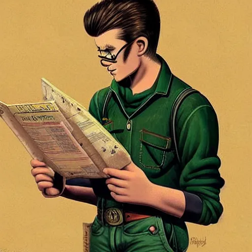 Image similar to a highly detailed epic cinematic concept art CG render digital painting artwork costume design: young James Dean as a well-kept neat anarchist rebel in 1950s USSR green overalls and big boots, reading a book. By Greg Rutkowski, Ilya Kuvshinov, WLOP, Stanley Artgerm Lau, Ruan Jia and Fenghua Zhong, trending on ArtStation, subtle muted cinematic colors, made in Maya, Blender and Photoshop, octane render, excellent composition, cinematic atmosphere, dynamic dramatic cinematic lighting, aesthetic, very inspirational, arthouse