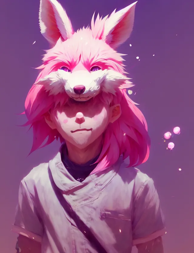 Image similar to a beautiful fullbody portrait of a cute anime boy with pink hair and pink wolf ears. character design by cory loftis, fenghua zhong, ryohei hase, ismail inceoglu and ruan jia. artstation, volumetric light, detailed, photorealistic, fantasy, rendered in octane