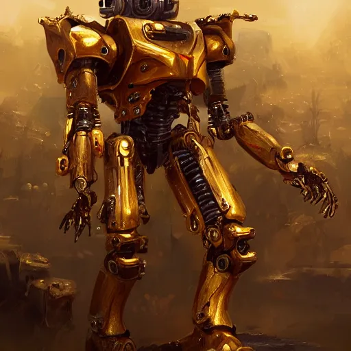 Prompt: a giant golden robot, fighting an army of skeletons, highly detailed portrait, digital painting, artstation, concept art, smooth, sharp foccus ilustration, Artstation HQ