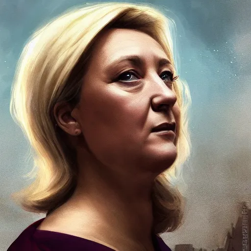 Prompt: Portrait of Marine le Pen , french revolution, heroic, french flag background, amazing splashscreen artwork, splash art, head slightly tilted, natural light, elegant, intricate, fantasy, atmospheric lighting, cinematic, matte painting, detailed face, by Greg rutkowski