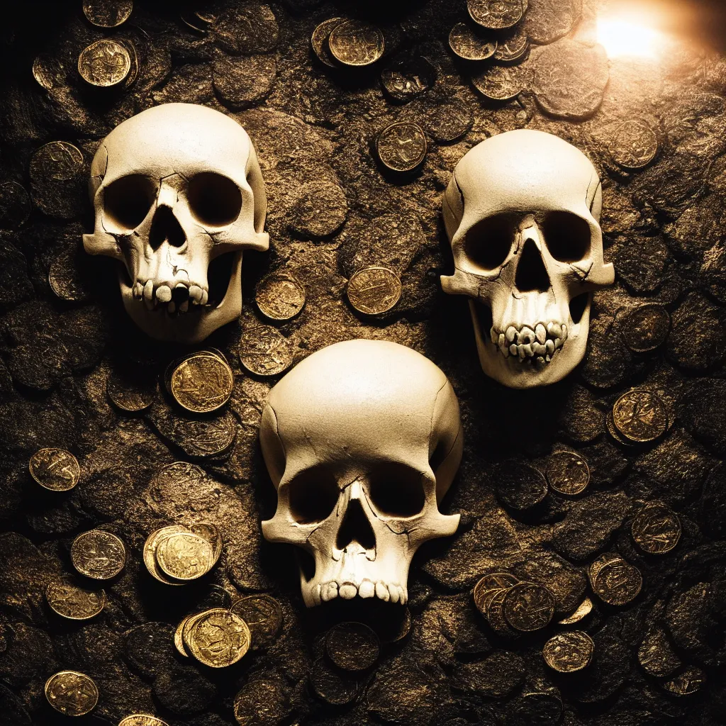 Prompt: white skull in the middle surrounded by old gold coins in a dark slate cave, a ray of light illuminates the skull, volumetric light, cinematic shot