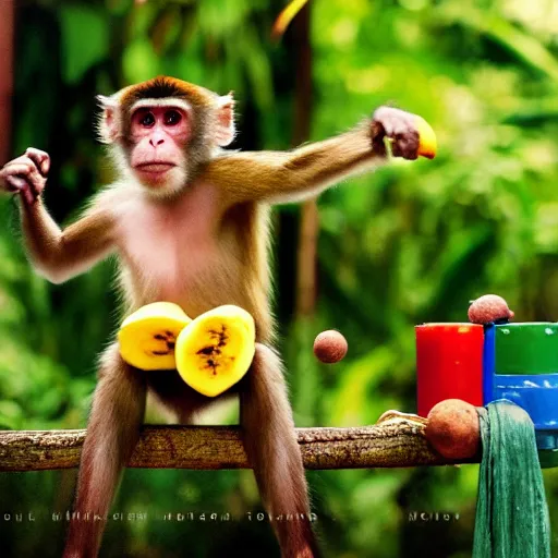 Image similar to multicolor photo of monkey juggling bananas at the jungle by steve mccurry in 4 k ultra high resolution and with dutch angle, with funny feeling