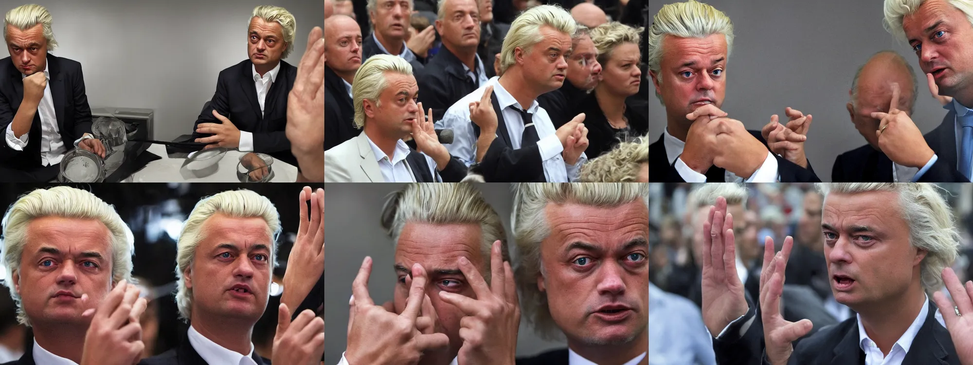 Prompt: geert wilders, in a sense of awe, looking at his own hands