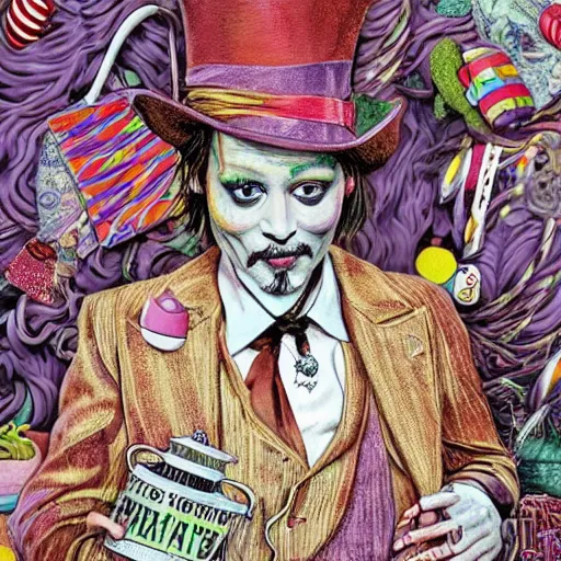 Prompt: Johnny Depp is covered in a blanket and drinking tea in Willy Wonka's Chocolate Factory, Illustration, Colorful, insanely detailed and intricate, super detailed