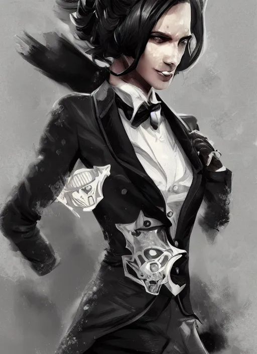 Image similar to a highly detailed illustration of beautiful short black messy haired woman wearing eyepatch and noir style suit and tie, dramatic smiling pose, intricate, elegant, highly detailed, centered, digital painting, artstation, concept art, smooth, sharp focus, league of legends concept art, WLOP