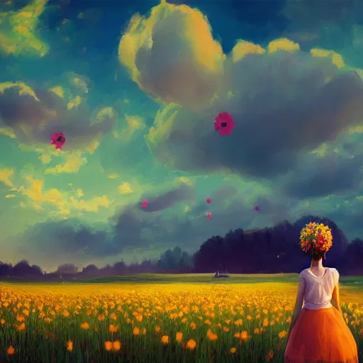 Image similar to girl with a flower head, surreal photography, dream, standing in flower field, magical, in a valley, sunrise dramatic light, impressionist painting, colorful clouds, artstation, simon stalenhag