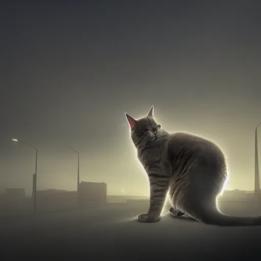 Image similar to a giant cat attacking a city, photorealistic, photograph, 4 k, foggy, abandoned, volumetric light, moonlight