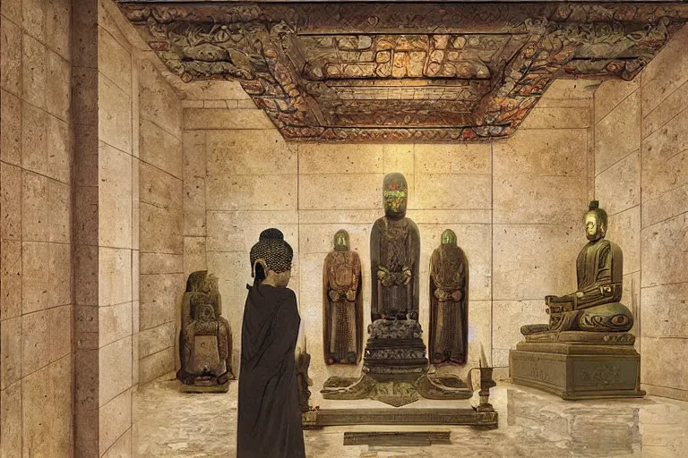 Image similar to mausoleum, buddhism, tang dynasty, painting by greg rutkowski