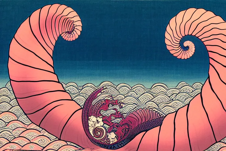 Image similar to ukiyoe painting of in a cambrian era ocean swims a nautilus above pink sand, trending on artstation