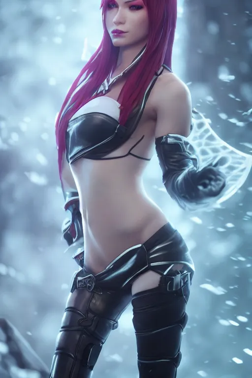 Prompt: Katarina from League of Legends, photorealistic full body, unreal engine 5, hyperrealistic, white ambient background, highly detailed, realistic