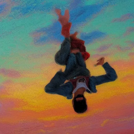 Image similar to arab man with curly hair skydiving alone, centered, pastel colors, peaceful, impressionist painting, figurative painting, intricate details, sunset