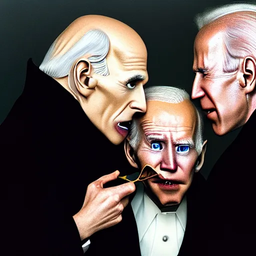 Image similar to portrait of nosferatu feeding whispering into joe biden's ear, correct faces, uhd hyperdetailed photo by annie leibowitz 5 0 mm lens