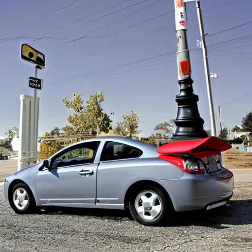 Image similar to 2007 red Chevy cobalt stuck atop a light post