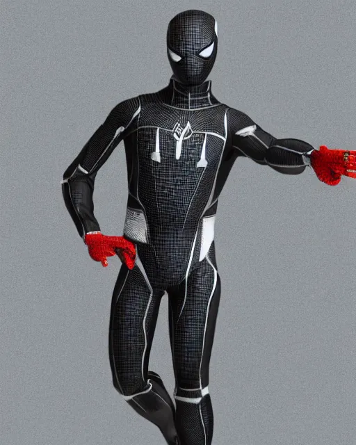 Image similar to black and white cyberpunk spiderman suit sleek greeble suit