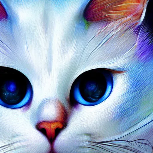 Image similar to a beautiful white cat with blue and yellow eyes, sci-fi, fantasy, highly detailed, digital painting