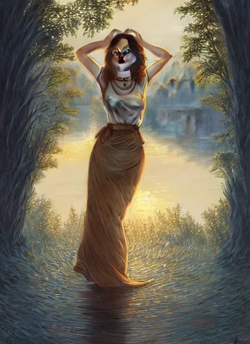 Image similar to symmetrical, full body portrait of a woman with short wavy hair, round face, cottagecore!!, river, trees, golden hour, intricate, elegant, highly detailed, digital painting, artstation, concept art, smooth, sharp focus, illustration, art by artgerm and greg rutkowski and alphonse mucha