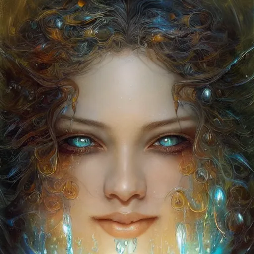 Image similar to a beautiful woman manipulating water by karol bak, ayami kojima, artgerm, river, water, blue eyes, smile, concept art, fantasy