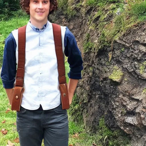 Prompt: british lad with short curly dark brown hair as a hobbit wearing a white men's crossbody sling chest bag and blue vest