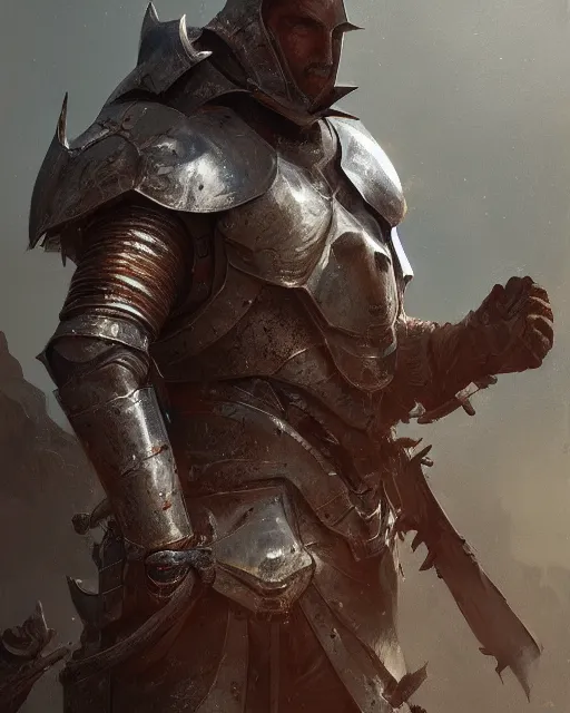 Prompt: Hyper realistic painting of a man in rusty full plate armor with his face uncovered, dark fantasy, fantasy armor, hyper detailed, by greg rutkowski, trending on artstation