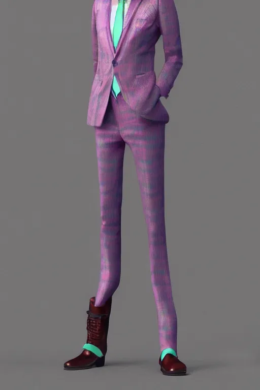 Image similar to a character wearing a super colorful muted color diy! suit, vivienne westwood!, detailed photoreal render octane render