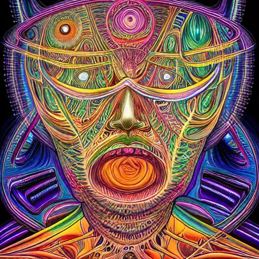 Image similar to a DMT trip about discovering the Theory of Everything, drawn by Alex Grey, highly detailed and colored, trending on artstation