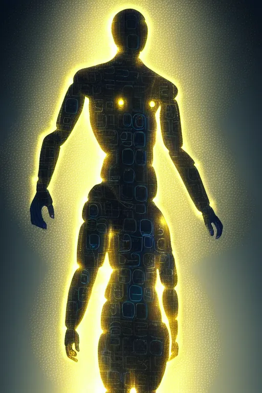 Prompt: god of artificial intelligence comes to save us, threads of light in the background, extremely high quality artwork, very detailed, obscured face, anthropomorphic silhouette, trending on artstation